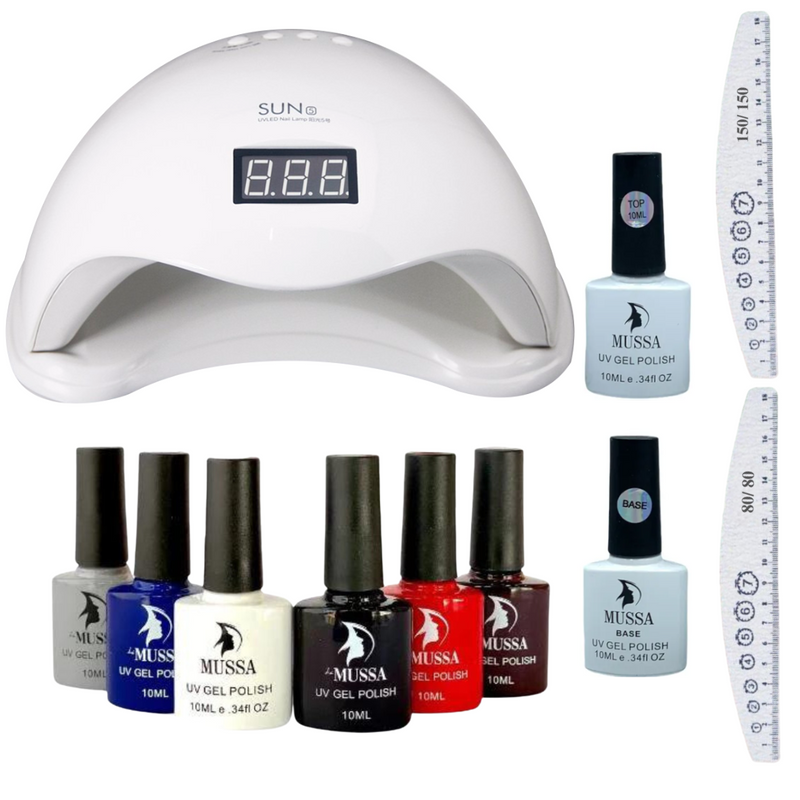 Kit Lé Mussa Uñas 6 Esmaltes Lámpara Sun 5, Top Y Base, 2 Limas