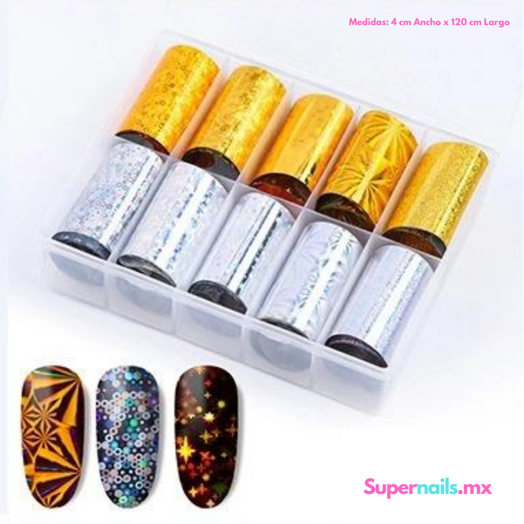 Foil para Decoracion de Uñas Caja de 10pzs Escoge tu Diseño