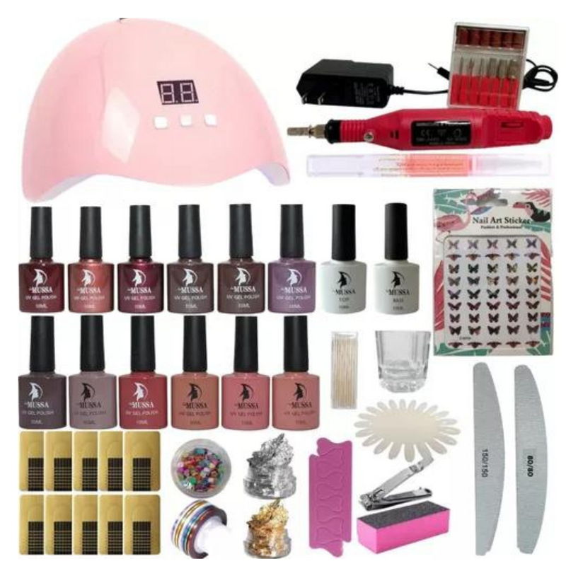 Kit Mussa Uñas Acrílicas 12 Esmaltes Lámpara Pulidora 46 Pz